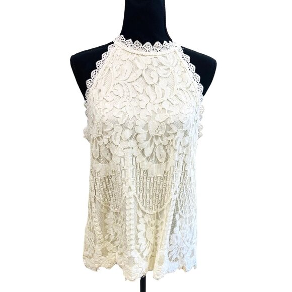 Rockin C  Lace Halter Eyelet Top Ivory Floral Pattern Lined Western Cowgirl Glam - Picture 2 of 10
